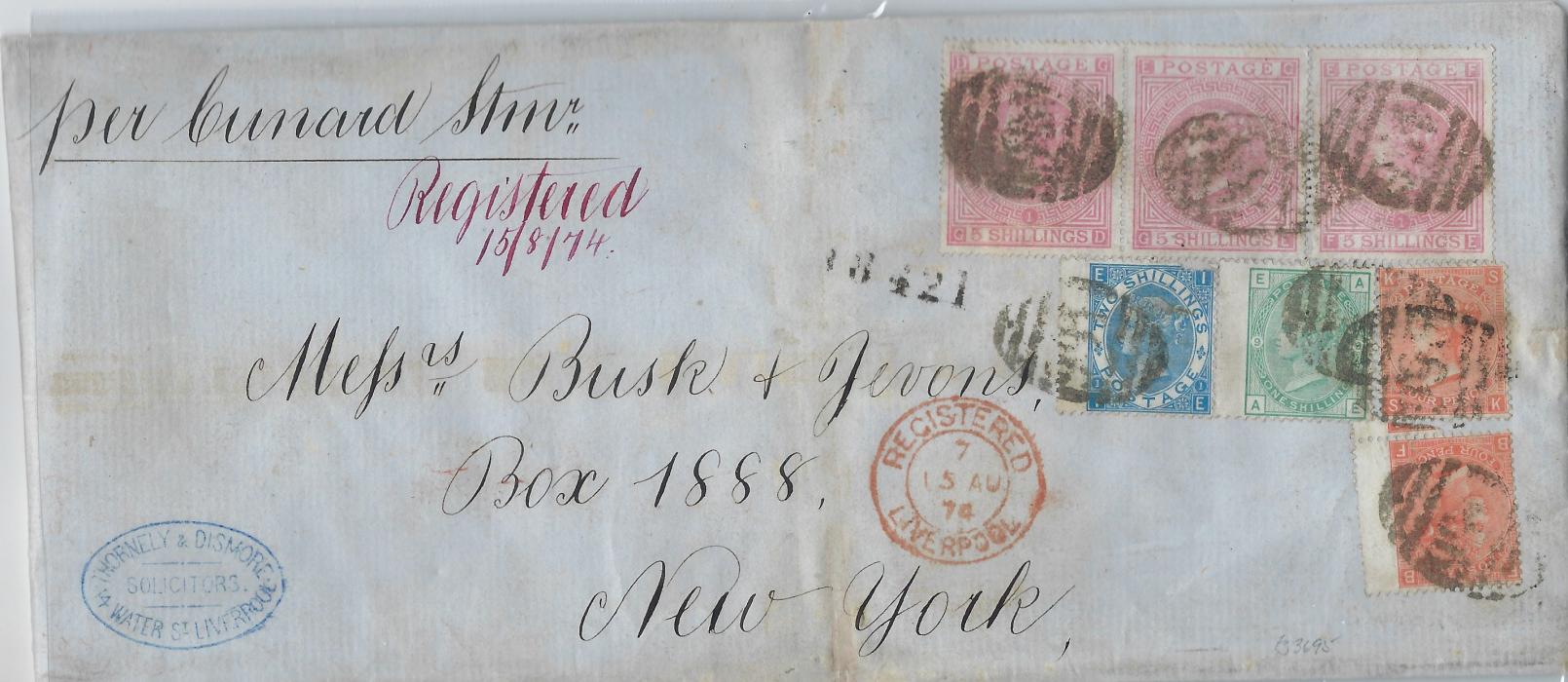 Great Britain 1874 (15 AU) large commercial solicitor’s wrapper registered  to New York “per Cunard Stmr” franked with 1865-67 4d. deep vermillion plate 13 (2), 1867-80 2/- blue with small corner fault, 1867-83 5/- rose (watermark Maltese Cross), plate 1 FE plus GD-GE pair with 1873-80 1/- green plate 9, each cancelled by ‘466’ obliterators, manuscript “Registered/ 15/8/74” with double circle Registered Liverpool despatch cds in red, the reverse with three red wax seals and the pink ribbon still attached. Central vertical crease and 2/- defect. A fine and most unusual franking, Ex H. Fraser and Klempka.