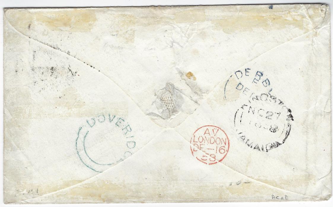 Jamaica (Great Britain Used in) 1858 (25 Nov) double rate envelope to Derby, endorsed “Pr Packet” bearing 6d. lilac pair bearing fine Bath Jamaica datestamp and both lightly cancelled ‘A01’ obliterators, reverse with Kingston transit, small London transit, Derby transit and blue double arc Doveridge arrival village cancel. Some slightly trimmed perfs, a very rare franking which was contrary to regulations. Ex L.C.C. Nicholson 1940 and J. Grant Glasco 1969.