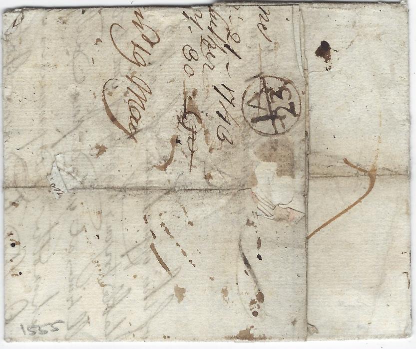 Ireland 1744 (21 Jan) entire from France to Dublin, rated “2” in error, deleted and re-rated showing a very fine strikes of the horseshoe COUNTERFEIT/ 2 and RECHARGED alongside. Extremely rare handstamps, the latter unrecorded in this format, slightly rubbed horizontal filing crease, small corner fault clear of handstamps. An exceedingly rare and important item.
