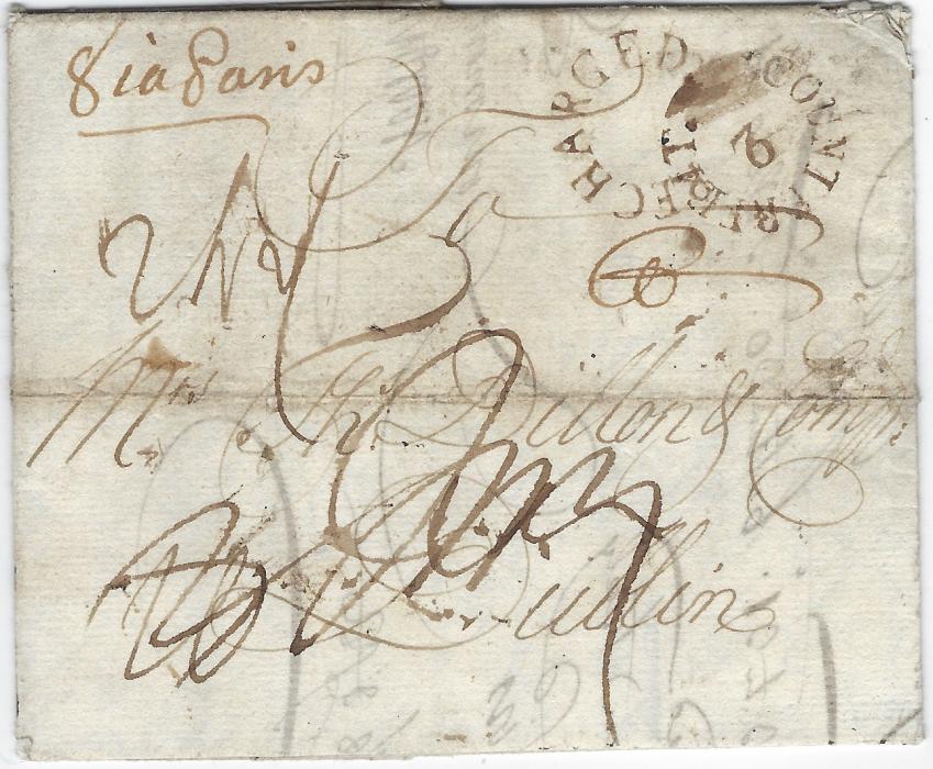 Ireland 1744 (21 Jan) entire from France to Dublin, rated “2” in error, deleted and re-rated showing a very fine strikes of the horseshoe COUNTERFEIT/ 2 and RECHARGED alongside. Extremely rare handstamps, the latter unrecorded in this format, slightly rubbed horizontal filing crease, small corner fault clear of handstamps. An exceedingly rare and important item.