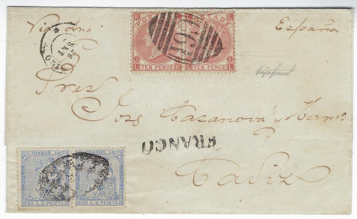 Great Britain (Used Abroad – Puerto Rico) 1872 (26 Set) outer letter sheet to Cadiz bearing pair 1867-80 10d. red-brown, LK-LL, cancelled by a full clear ‘C61’ obliterator of San Juan, in combination with Spanish Antilles 25c blue pair (l/h stamp with small fault at base) cancelled by Colonial Grill, cds top left. A fine cover with Philatelic Foundation (1970, 1984) and Sismondo (2005) certificates. Ex. Grant Glasco 1969 and Klempka. Fine and very rare.