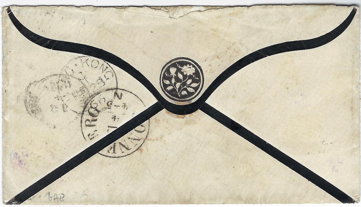 Hong Kong 1866 (FE 23) mourning envelope endorsed “via Marseilles”  to Sonneberg, Germany franked 2c., 8c. and 30c. vermilion tied by B62 obliterators, both red ‘P.P.’ as well as framed PD which is overstruck with red French entry cds for mail from Suez, revere with originating cds and arrival cds. A fine three colour franking.
