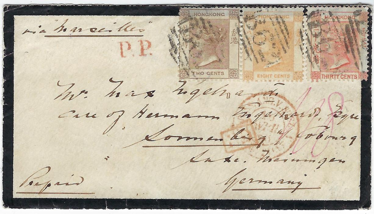 Hong Kong 1866 (FE 23) mourning envelope endorsed “via Marseilles”  to Sonneberg, Germany franked 2c., 8c. and 30c. vermilion tied by B62 obliterators, both red ‘P.P.’ as well as framed PD which is overstruck with red French entry cds for mail from Suez, revere with originating cds and arrival cds. A fine three colour franking.