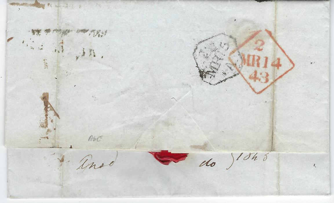 Ireland 1843 entire detailing goods carried by ship Leonora, from Demerara, British Guiana to Liverpool, rated “8” ship letter rate and bearing two-line DUBLIN/Ship Letter handstamp, reverse with red Dublin diamond date stamp and arrival cancel of next day.