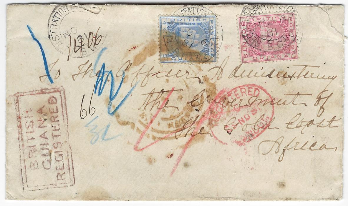 British Guiana 1881 (NO 6) registered cover to Gold Coast franked 1876-79 4c. and 8c. tied by double circle Registration Branch cds, at left slightly oxidised red framed BRITISH/ GUIANA/ REGISTERED handstamp, red oval London transit, reverse with blue Liverpool transits and red wax seal ‘Registered Georgetown B Guiana’; some staining on front from the wax seal and small perf fault to 4c. not unduly detracting from a most unusual destination.
