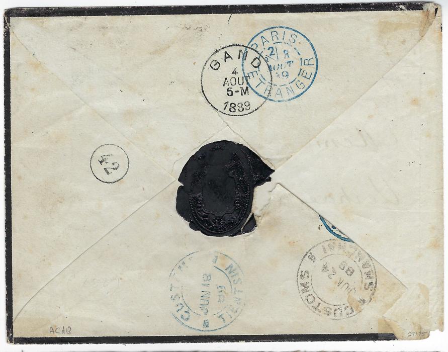 China 1889 (Jun 18) mourning envelope to Gand, Belgium franked Small Dragon 3ca tied by fine blue Tientsin seal in combination with France 25c. ‘Sage’, both cancelled with Shanghai Chine cds, red French tpo below, reverse with Customs Tientsin cds, Customs Shanghai cds alongside of Jun 24, Paris Etranger transit of 3rd August and arrival cds of next day. Right-hand side panel is missing on reverse, correctly franked with all appropriate cancels present.