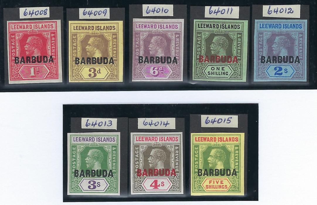 Barbuda 1922 (July 13) Leewards values overprinted, eight imperf plate proofs all on Multiple Script CA watermarked paper except 5s. on Multiple Crown CA watermarked paper, fresh hinged mint, 3d. with minor bend, otherwise fine, each with RPSL Cert of 1967. Ex Angus Parker (1967) and Besancon (2022)