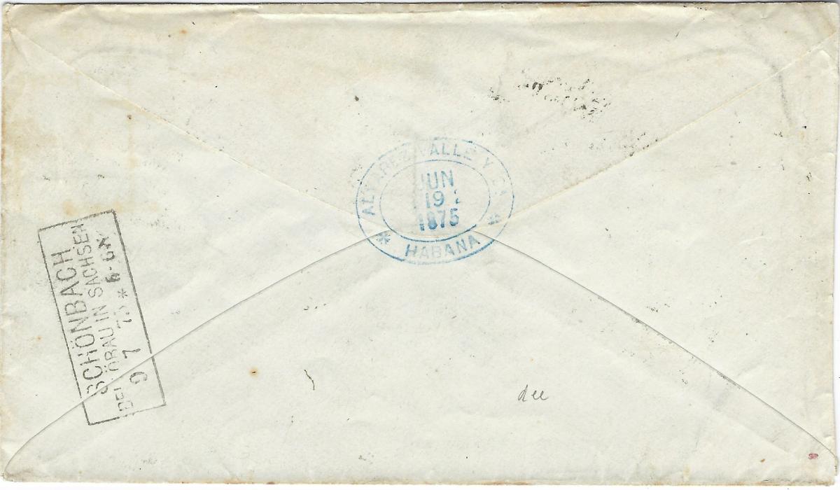 Cuba 1875 (19 June) envelope to Germany with pair 50c. with ‘P.C.’ in circle cancels, stamps not valid as Cuba not a UPU member and thus  framed ‘UNPAID’ handstamp applied at New York with handstamped ‘7’ alongside for credit to USA, this  deleted in blue crayon and rated “80” on arrival. Fine example of  framed ‘Aus Westindien/ uber Newyork’ handstamp at left applied at Bremen (Four franked letters from Cuba recorded). A fine and rare item. Ex Kouri. PF (1989) and Wijnants (2021) Certs. 