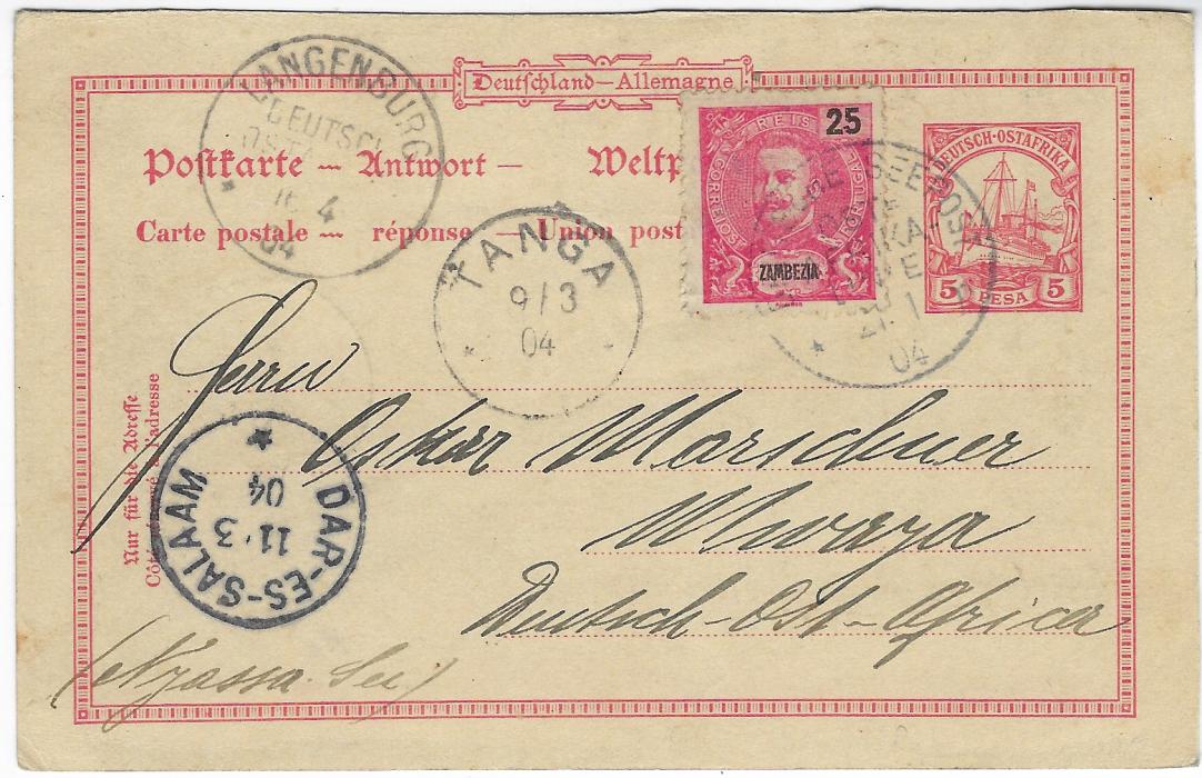 German East Africa 1904 (21.1.) 5p postal stationery reply card to Mwaya (Muaja) before the opening of the local post office, regarding a Lloyd agency from Chinde, Mozambique, unnecessarily additionally franked with 25r of Portuguese Zambezia, tied single Deutsche Seepost Ostafrika Linie p cds, Tanga transit of 9/3, Dar es Salaam 11.3 and Langenburg cds of 11/4. The reverse with a Fort Johnson, Nyasaland transit that must have been applied on the outward journey. The lengthy delay in forwarding from Tanga remains unexplained. Fine and unusual, rare reply card.