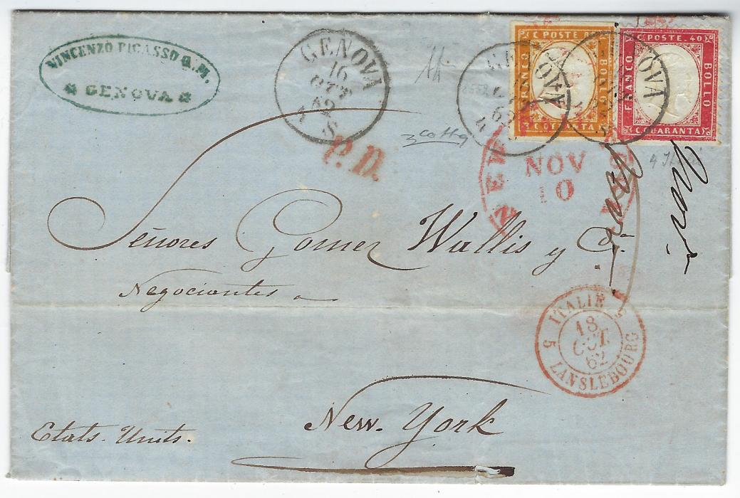 Italy (Combination Franking) 1862 (16 Ott) entire to New York bearing Sardinia 80c orange in combination with Regno 40c. rose-carmine tied by Genova cds as well as red Paid New York cds, red ‘P.D.’ and clear Italie Lanslebourg French entry cds; 40c stamp with straight edge at bae, fine colours and appearance, signed A. Dienna and Colla Certificate.