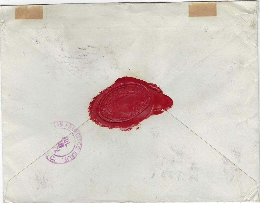 Hong Kong (Post Offices in China) 1928 (JU 21) envelope registered to San Francisco franked 1c., 4c. and two 10c. tied somewhat unclear cds, fine red framed Tientsin B.P.O. handstamp, violet framed REGISTERED probably originating from the Bank, reverse with arrival cds.
