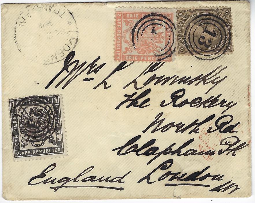 Transvaal (Transvaal) 1884 (Dec) envelope to Clapham Pk, London bearing 1878 6d. in combination with 1883 1d. and 3d. cancelled by ‘13’ numerals in three-ring circles, despatch top left, reverse with Pretoria transit and London arrival; a little roughly opened at base not detracting from this three colour franking.