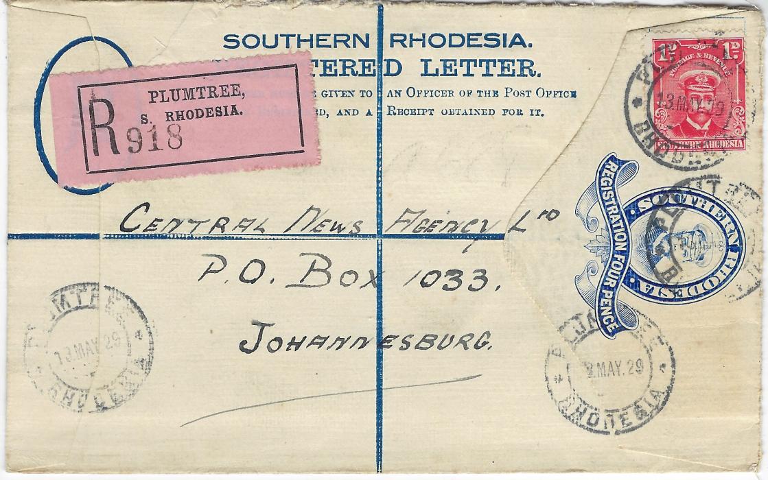 Southern Rhodesia 1929 (19 May) 4d. registered stationery envelope, uprated 1d. to Johannesburg tied Plumtree cds, three further examples and pink registration etiquette on front, no backstamps.