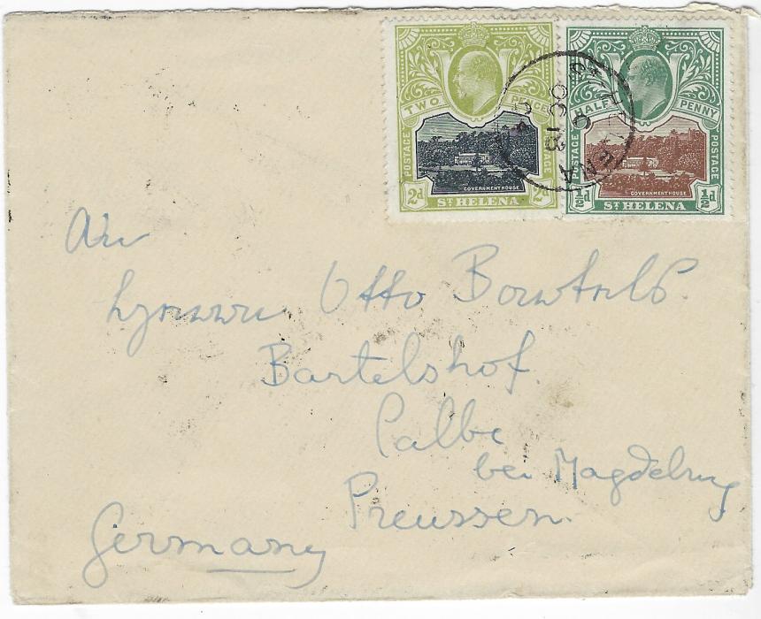 Saint Helena 1904 (OC 18) envelope to Calbe, Germany franked 1903 ½d. and 2d. cancelled with single cds, reverse with Southampton Ship Letter transit (NO 10) and arrival cds of next day; good correctly rated cover.
