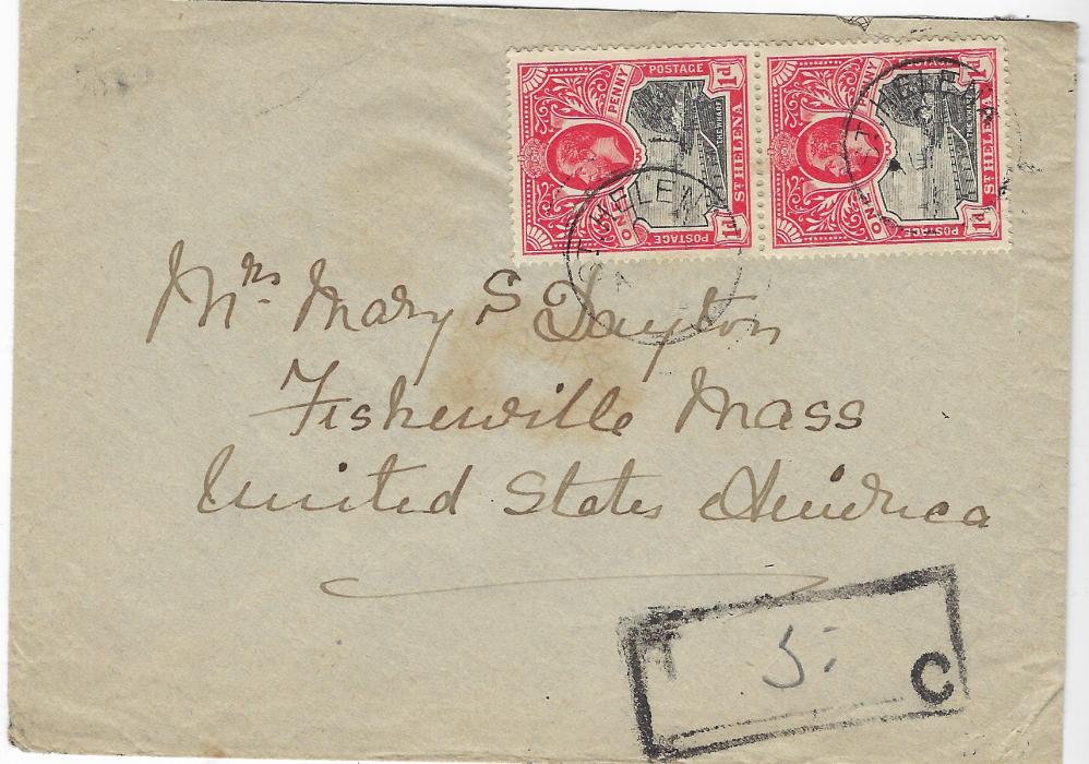 Saint Helena 1921 (AU 15) underfranked cover to United States bearing vertical pair of 1d. tied two cds, at base framed ‘T’ handstamp with manuscript “5” insertion. Without signs of deficiency collected, slight staining at centre.