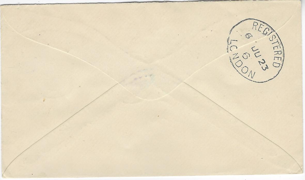 Saint Helena 1923 (MY 14) registered ‘Wilson’ envelope franked ‘Badge’ 1d. grey and green, 6d. grey and bright purple plus 1s. grey and brown tied by three neat cds, London transit backstamp; fine condition.