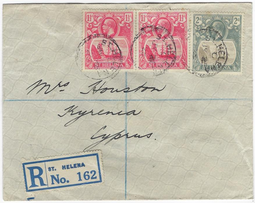 Saint Helena 1928 (JY 25) registered cover addressed to Kyrenia, Cyprus franked 1½d. (2) and a 2d. each tied by cds, reverse with London transit of 15 AU and arrival cds of AU 23; a little wrinkling and slight tone at top of 2d., a good example to a more unusual destination.