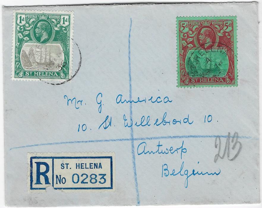 Saint Helena 1936 (MR 14) registered cover to Antwerp, Belgium franked 1d. and 5d. each tied by faint cds, without backstamp, small fault to registration etiquette.