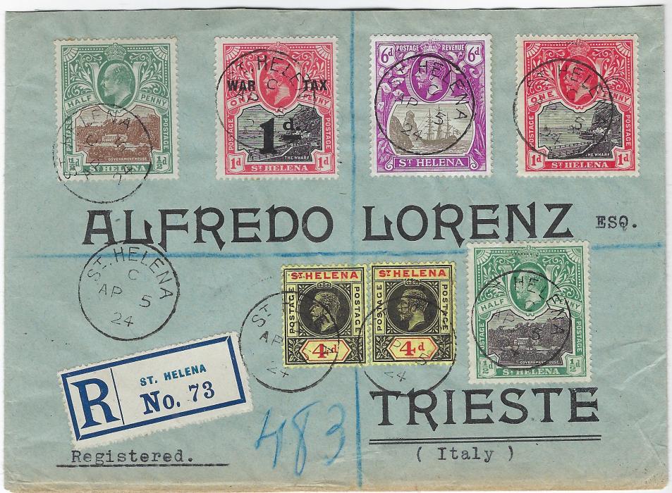 Saint Helena 1924 (AP 5) registered printed envelope to Trieste bearing a mixed issue franking of 1903 ½d., 1912-16 ½d. and 1d., 1912 4d. (2), 1919 1d War Tax and 1922 6d., each tied index C cds, reverse with Plymouth and London transits plus arrival cds; some slight creasing to 4d stamps not unduly detracting.