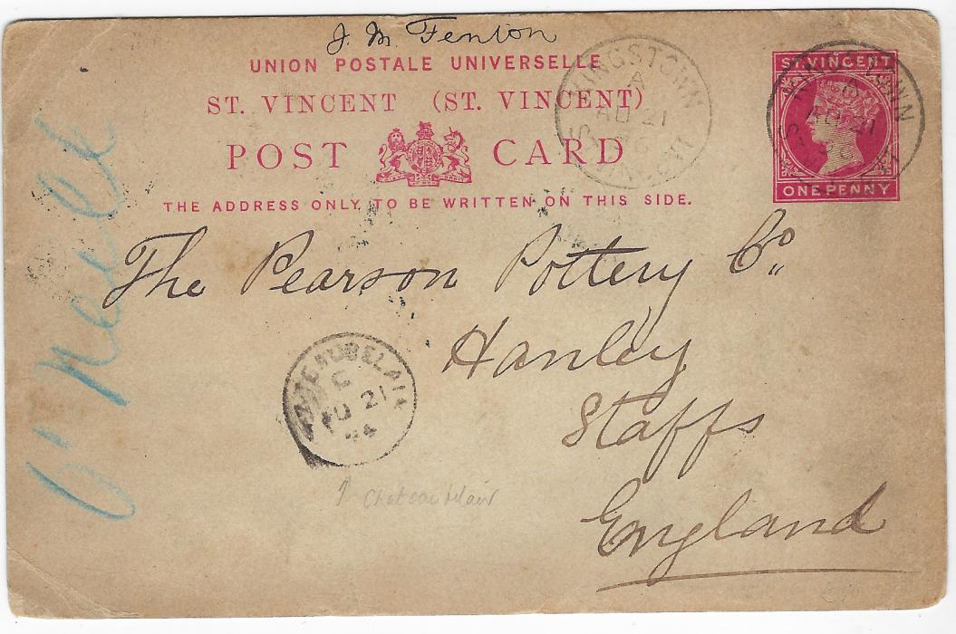 Saint Vincent 1896 1d. postal stationery card to a Staffordshire Pottery company bearing both front and back reasonable strikes of the rare Chateaubelair village cancel, the stamp image cancelled by Kingstown cds; some ageing to card.