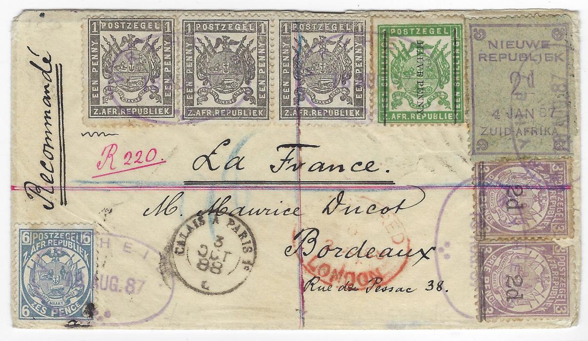 South Africa (New Republic/ Transvaal) 1888 (18 Aug) envelope registered to Bordeaux bearing  2d. (4 Jan 87) on granite paper without embossed Arms, in combination with Transvaal 1883 re-issue 1d. (3), 1885 6d. blue, 1885 ½d. on 1s. green and 1887 2d. n 3d. mauve (, one damaged), all tied by oval VRYHEID date stamp in violet with year error ‘87’, red manuscript registration number, London and Calais to Paris cds, with on reverse, Dundee Durban and arrival cancels, the envelope with large part cut away on reverse.
This letter was posted less than a month after the New Reublic became part of the Trnsvaal. Transvaal postage stamps wre already available in Vryheid. The postage rate to France from the Transvaal was 9½d. via the Cape Colony and 7½d. via Natal. The registration fee was 4d. The 2d New Republic internal charge should no longer have applied, but was nevertheless paid by the sender. From the transit marks this letter followed the more convenient and cheaper route through Natal and is thus 4d overpaid.

