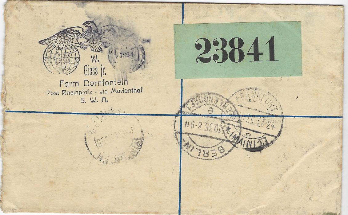 South West Africa 1935 S.W.A. overprinted stationery registration envelope additionally franked 1931 1d. ‘Cape Cross’ (3) tied Windhoek cds, to Berlin and redirected to Frankfurt, German Customs handstamp top left, reverse with further despatch, Berlin and Frankfurt cancels plus  a numbered label not tied.