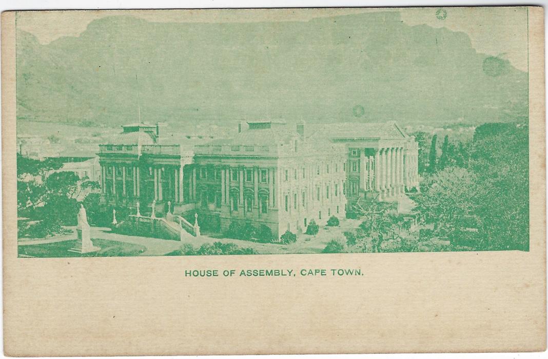 South Africa (Cape of Good Hope – Picture Stationery) 1900s ‘One Penny’ surcharge card with image of ‘House of Assembly, Cape Town’ in green, fine unused.