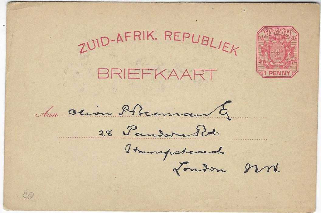 South Africa (Transvaal – Picture Stationery) 1890s 1 Penny card ‘Greetings from Johannesburg’ image to right and, to left with ‘Boer & Briton’; unused but addressed.