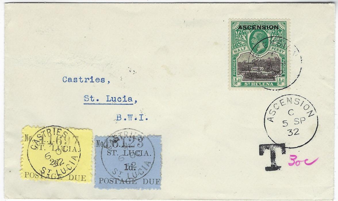 Saint Lucia (Postage Dues) 1932 (5 SP) incoming envelope from Ascension underfranked with 1922 ½d. tied index C cds, handstamped ‘T’ and manuscript “30c”, 1930 1d. and 2d. Postage Dues applied each tied by Castries cds; name of recipient erased as usual, otherwise fine.