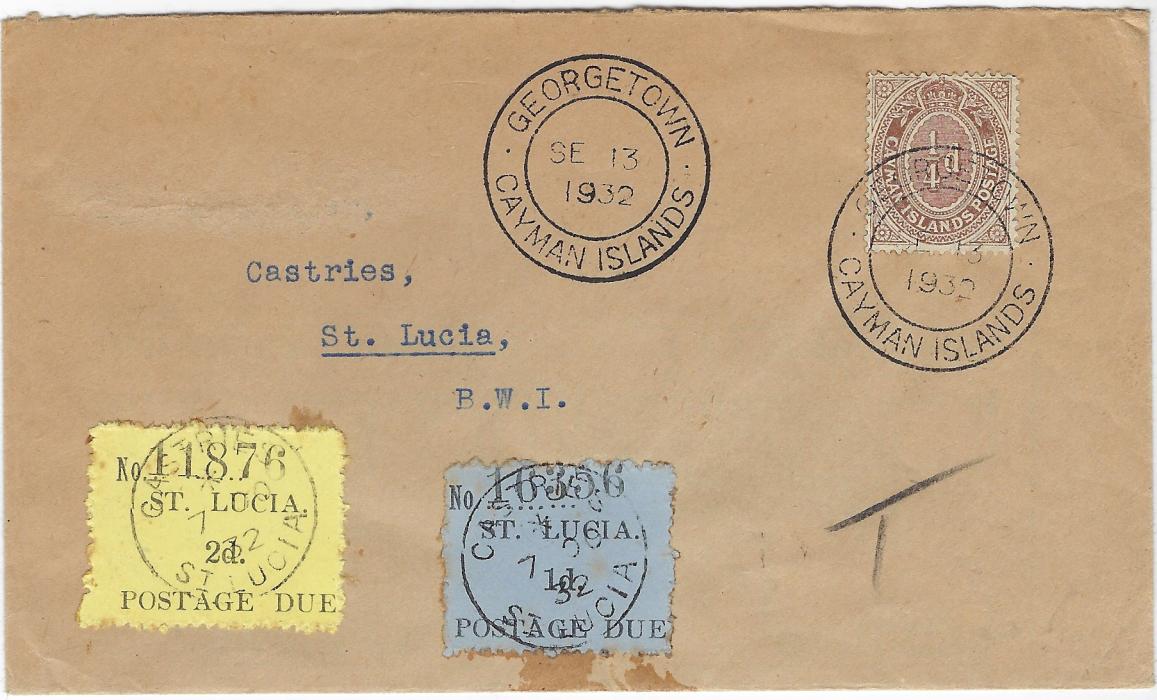 Saint Lucia (Postage Dues) 1932 (SE 13) incoming envelope from Cayman Islands underfranked with 1913 ¼d. tied Georgetown cds, manuscript “T” , 1930 1d. and 2d. Postage Dues applied each tied by Castries cds; name of recipient erased as usual and small glue staining otherwise fine.