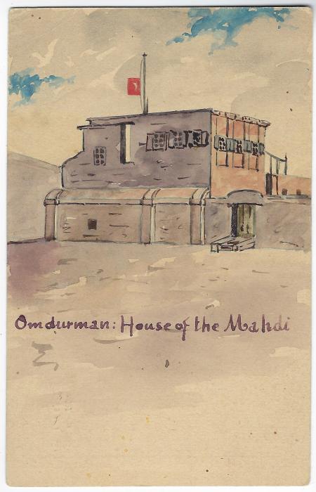 Sudan 1901 (23.II.) overprinted 1897 3m Egypt postal stationery card additionally franked 1898 1p Arab Postman tied by fine bilingual Mourman cds to Germany, the reverse bearing a fine hand-painted image entitled “Omdurman: House of the Mahdi”