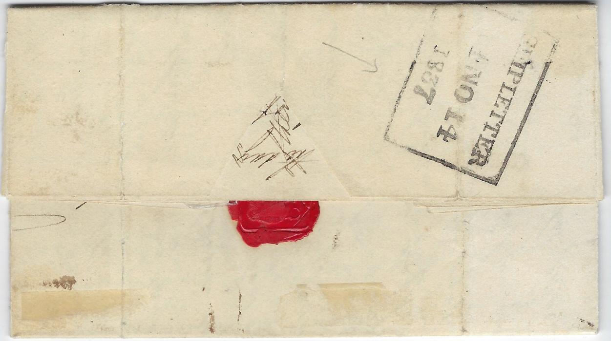 Saint Helena 1837 cross-written entire to Launceston, “Island of Van Diemens Land” with smudged manuscript rating, at right ‘crown’ above oval GENERAL POST OFFICE/ CAPE OF GOOD HOPE of SE 25, on reverse with framed SHIP LETTER/ 14 NO 14/ 1837; two vertical filing creases, an unusual destination at this date.
