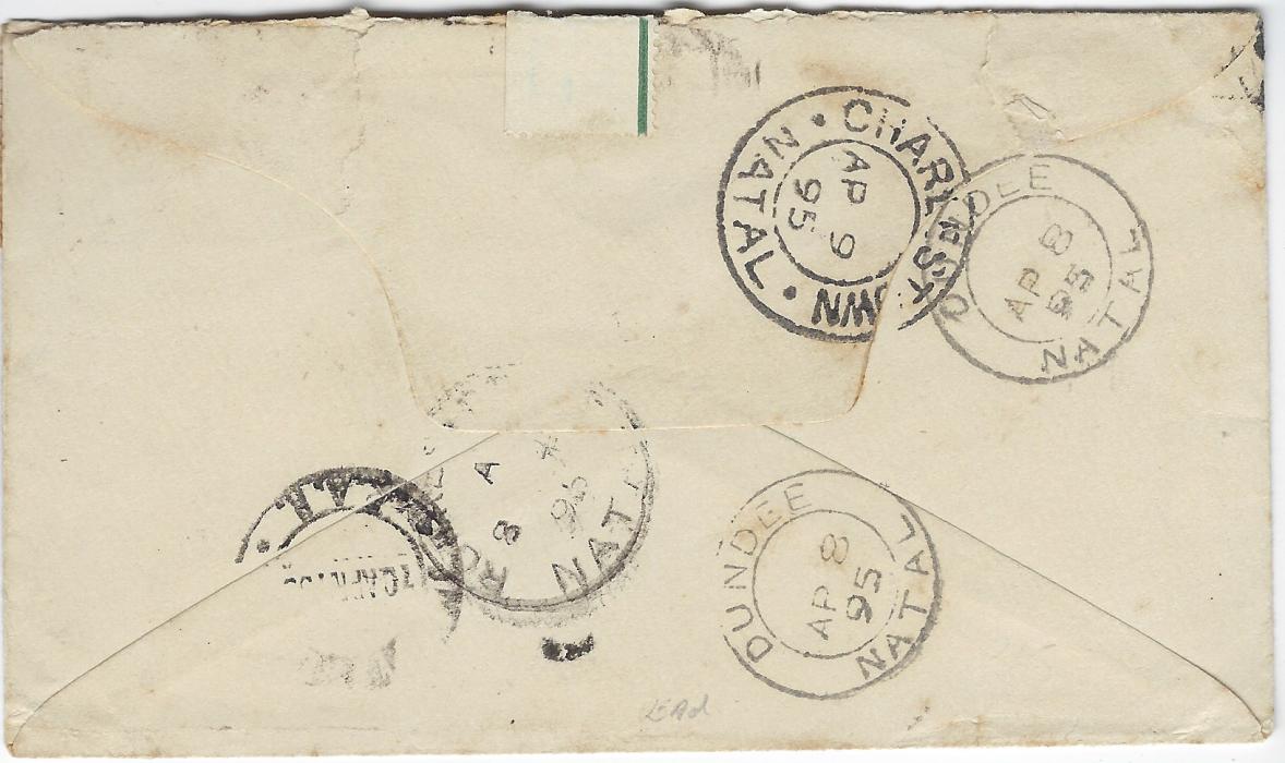 Zululand 1895 (7 AP) cover to Johannesburg franked 1888-93 ½d. vermilion in horizontal strip of four tied double circle Nqutu Zululand cds and showing on reverse Rorkes Drift (8.4.), Dundee (8.4.), Charlestown (9.4.) and arrival (10.4.) date stamps; some slight perf faults to strip otherwise a good fresh example of this rare franking.