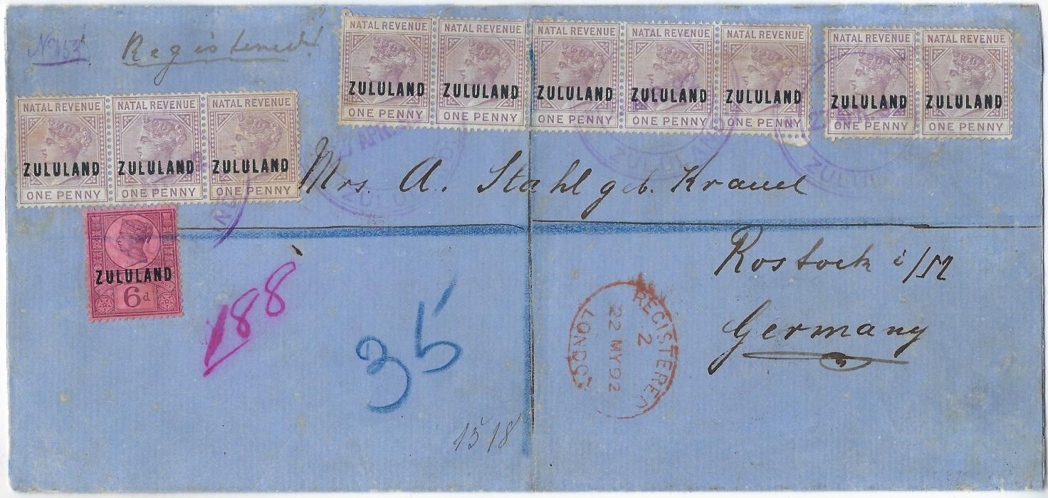 Zululand 1892 (27 Apr) long blue envelope registered to Germany, franked 1888 6d. and 1891 Natal Postal Fiscal 1d. (10) all cancelled with Nkandhla Zululand triple ring date stamp in violet, Registered London at center, reverse with Eshowe (29.4.), Dundee (30.4.) and arrival; central vertical crease, a remarkable franking from this small office.