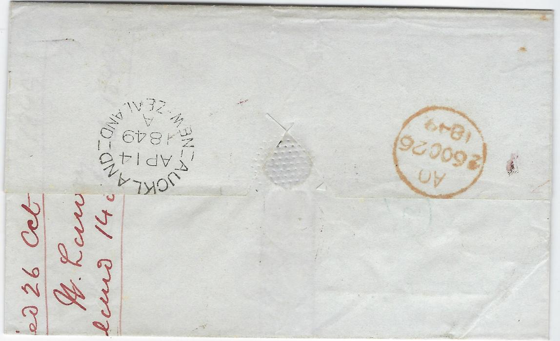 New Zealand 1849 (AP 14) outer letter sheet to London showing red crowned circle PAID Auckland New Zealand at top right, manuscript rating, Auckland New-Zealand unframed circular date stamp on reverse together with arrival cancel; light horizontal filing crease, fine quality cancels.