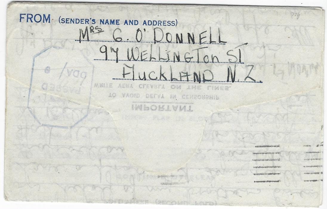 New Zealand 1944 (1 Nov) Prisoner of War Post ‘SIX PENCE’ on 1/- formula stationery letter sheet used to a Corporal at Stalag VIII A with Auckland despatch cancel, German censorship on front and local DDA/ 9 on reverse; fine condition.