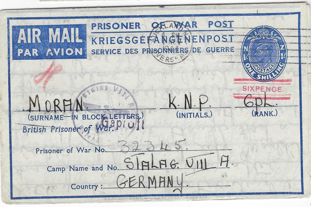 New Zealand 1944 (1 Nov) Prisoner of War Post ‘SIX PENCE’ on 1/- formula stationery letter sheet used to a Corporal at Stalag VIII A with Auckland despatch cancel, German censorship on front and local DDA/ 9 on reverse; fine condition.