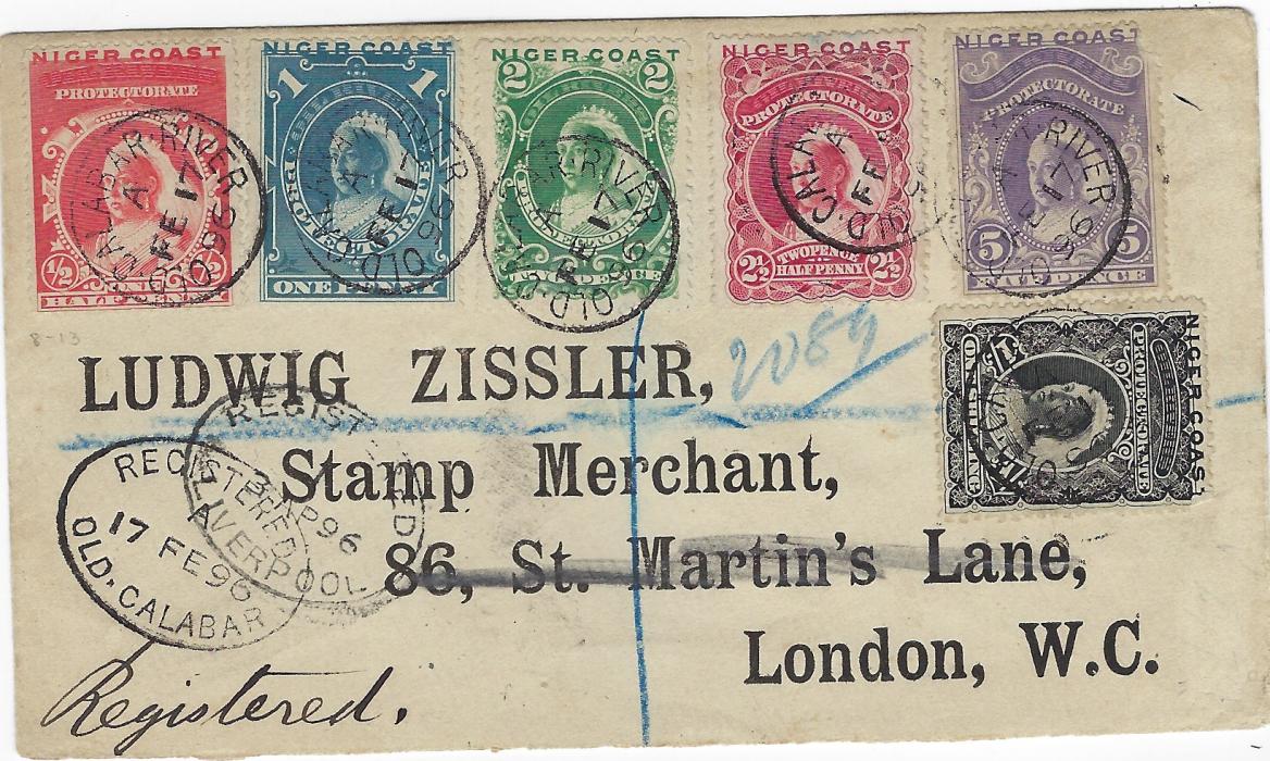 Niger Coast 1896 (FE 17) registered cover bearing 1894 (Jan) set of 6 each cancelled with Old Calabar River cds, Registered Old Calabar oval date stamp bottom left,  Liverpool Registered transit and on reverse London arrival. 