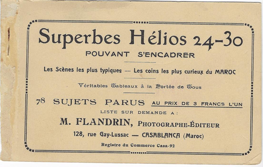 Morocco Agencies 1932 (21 FE) registered back to booklet of postcards sent to Glenelg, South Australia, endorsed “Printed Matter/ Imprime” franked French Currency 1925-34 10c. on 1d. and two 1f. on 10d. tied somewhat unclear registered oval date stamps, repeated at base together with Gibraltar transit.