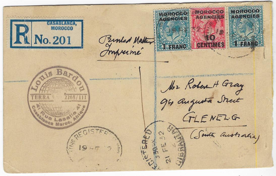 Morocco Agencies 1932 (21 FE) registered back to booklet of postcards sent to Glenelg, South Australia, endorsed “Printed Matter/ Imprime” franked French Currency 1925-34 10c. on 1d. and two 1f. on 10d. tied somewhat unclear registered oval date stamps, repeated at base together with Gibraltar transit.