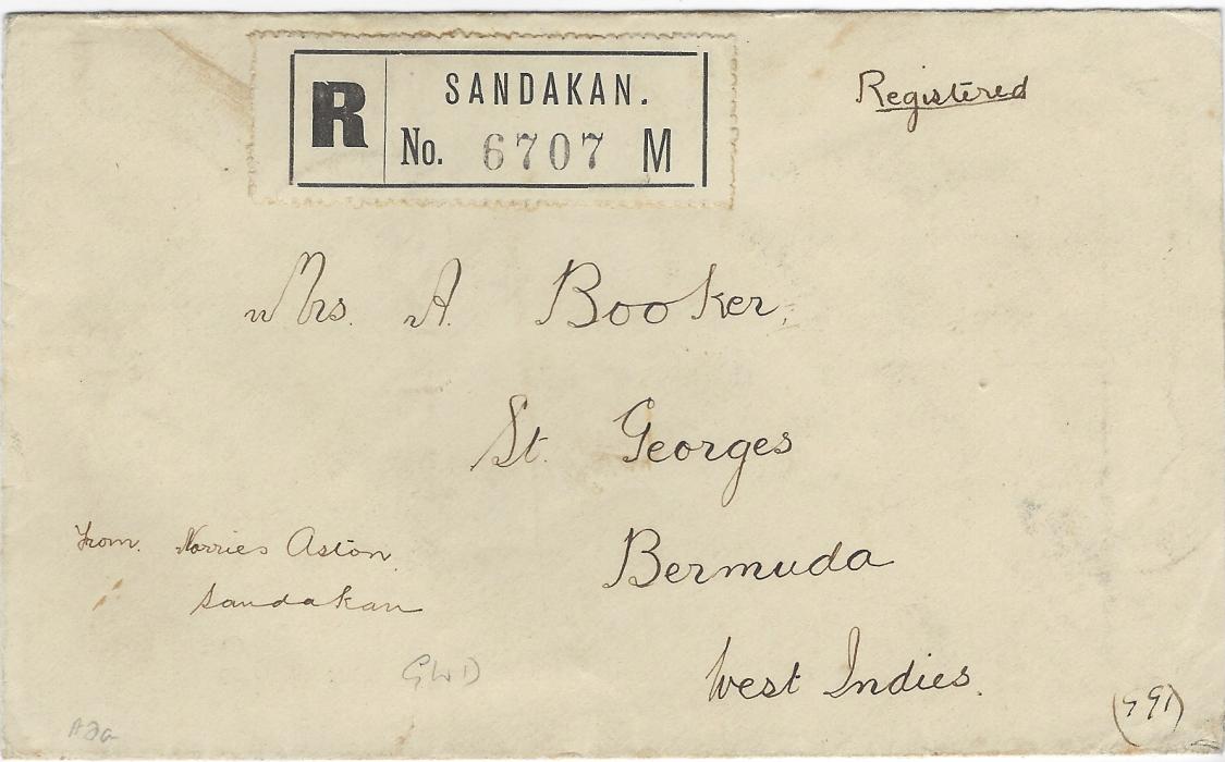 North Borneo 1930 registered cover to St George’s, Bermuda franked on reverse with 1925-28 1c. Tapir (4), 2c. Traveller’s Tree (4), 4c. Sultan and 8c. Ploughing, tied somewhat unclear Sandakan cds, Singapore Registration 2 transit (22 SP) at left, three New York oval transits, arrival cds of 27 Oct at bottom left; a most unusual destination.