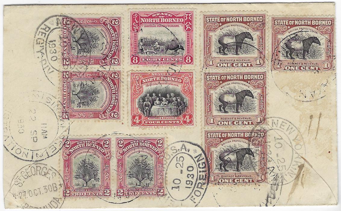 North Borneo 1930 registered cover to St George’s, Bermuda franked on reverse with 1925-28 1c. Tapir (4), 2c. Traveller’s Tree (4), 4c. Sultan and 8c. Ploughing, tied somewhat unclear Sandakan cds, Singapore Registration 2 transit (22 SP) at left, three New York oval transits, arrival cds of 27 Oct at bottom left; a most unusual destination.