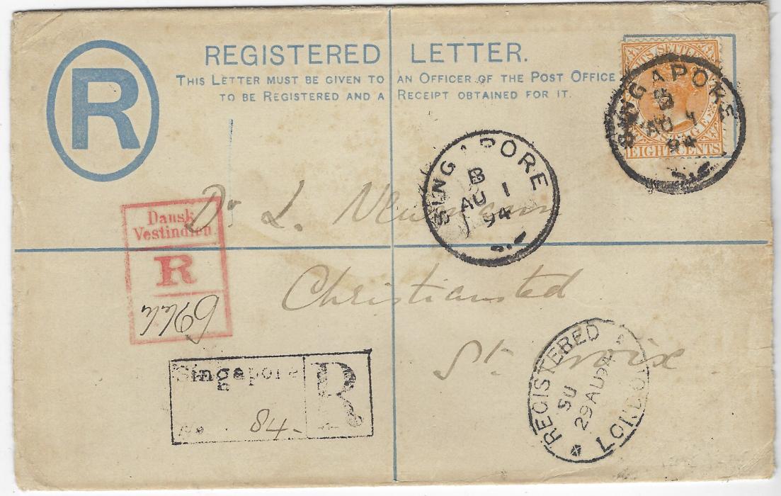 Malaya (Straits Settlements) 1894 5c. postal stationery registration envelope to St Croix, Danish West Indies, additionally franked 8c. orange tied Singapore B cds, repeated to left, registration handstamp bottom left, Registered London (29 AU) transit at right, red Dansk/ Vestindien registration handstamp at left and with St Thomas (27/9) transit and Christiansted (28/9) arrival. Good condition, a fine destination.