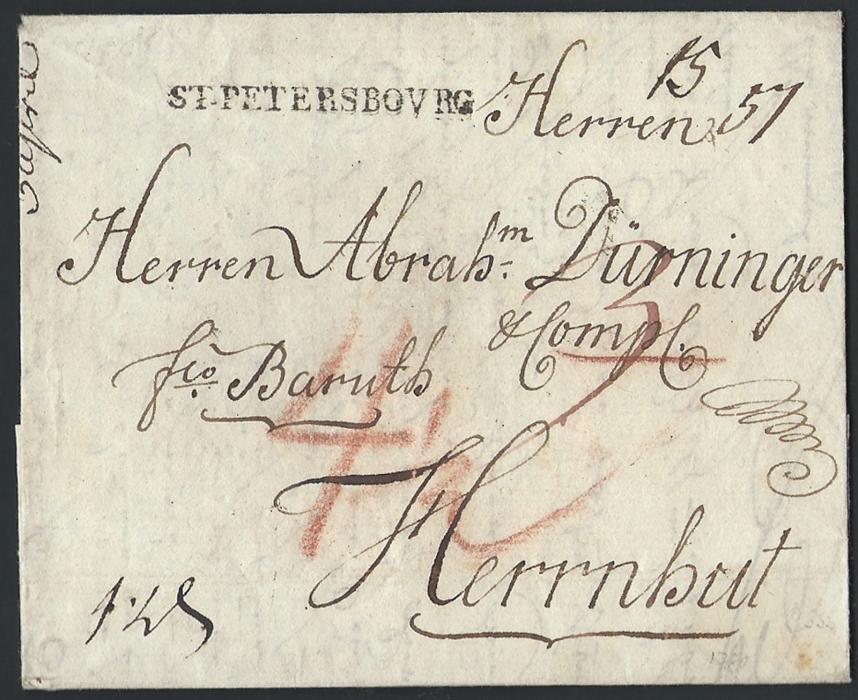 Russia  1780 Entire to Herrnhut, Germany bearing straight line ST.PETERSBOVRG handstamp. various manuscript rate markings. Fine and clean condition of this scarce cancel.