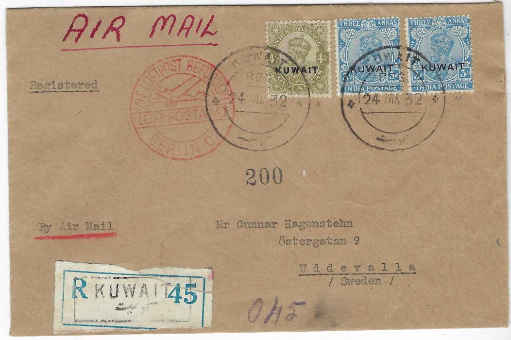 Kuwait 1932 (24 Jan) registered airmail cover to Uddevalla, Sweden franked front and back with 1923-24 ½a. green pair, 1a., 2½a. ultramarine, 1a, 1½a, 2a and 4a. olive and  1929-37 3a blue (2) all tied by five double ring date stamps, Basrah transit (27 Jan), Munich and Berlin transits of2.2, front shows red Berlin air cachet; fine condition.
