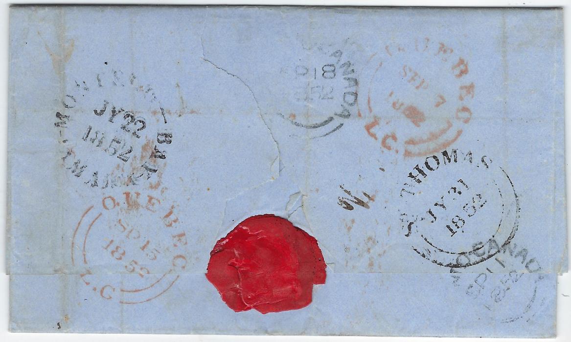Jamaica 1852 (JY 22) entire to Quebec, Canada endorsed “Via Steamship/ to/ New York” bottom left and “Paid Ship 4d/ Inland 8d” top right, with Jamaica Paid (JY 24) double-arc date stamp, reverse with Montego Bay  Jamaica date stamp, St Thomas transit (JY 31) and various arrivals. Entire from “Providence Estate, St James”  addressed to a member of the Legislative Council with both Quebec and Toronto included in address and forwarded between them with a 3d. charge at Quebec but no further charges raised; light vertical filing crease.
