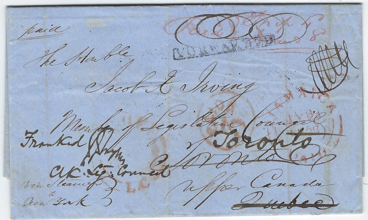 Jamaica 1852 (JY 22) entire to Quebec, Canada endorsed “Via Steamship/ to/ New York” bottom left and “Paid Ship 4d/ Inland 8d” top right, with Jamaica Paid (JY 24) double-arc date stamp, reverse with Montego Bay  Jamaica date stamp, St Thomas transit (JY 31) and various arrivals. Entire from “Providence Estate, St James”  addressed to a member of the Legislative Council with both Quebec and Toronto included in address and forwarded between them with a 3d. charge at Quebec but no further charges raised; light vertical filing crease.