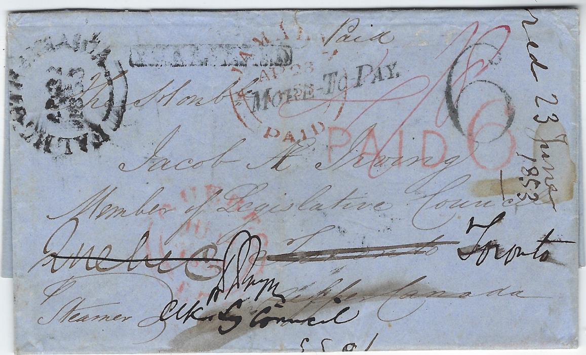Jamaica 1853 double rate entire to Toronto, Canada with Falmouth Jamaica double arc date stamp and to right Jamaica Paid double-arc date stamp, reverse with, St Thomas transit. Entire from “Water Valley Estate, Trelawny”  addressed to a member of the Legislative Council, redirected to Quebec with FORWARDED, MORE-TO-PAY and PAID 6 handstamps on front. Small part of reverse missing, unusual destination.