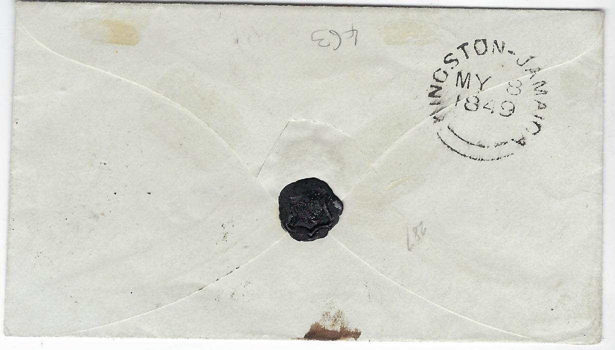 Jamaica 1849 (MY 8) envelope to London bearing fine strike of ‘s 1/-‘ accountancy handstamp (Proud A16), reverse with Kingston Jamaica double arc date stamp without index letter.