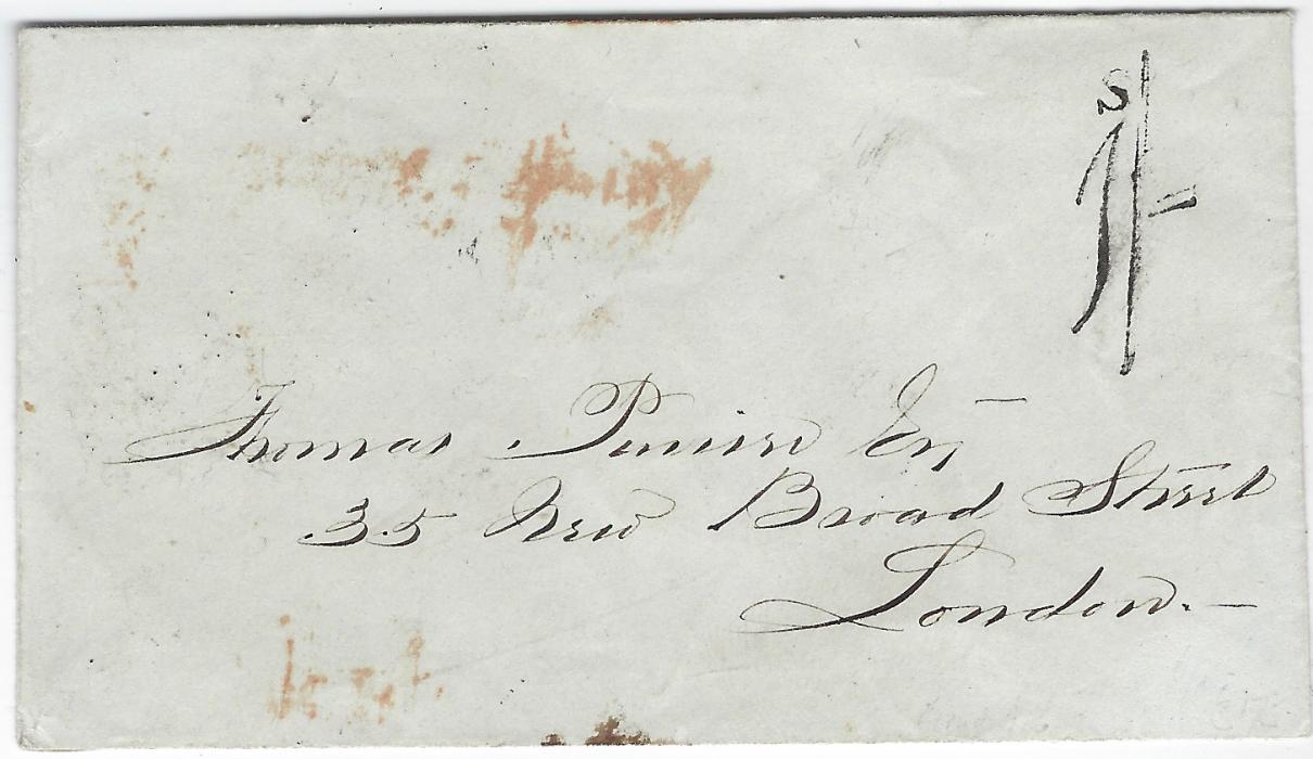 Jamaica 1849 (MY 8) envelope to London bearing fine strike of ‘s 1/-‘ accountancy handstamp (Proud A16), reverse with Kingston Jamaica double arc date stamp without index letter.
